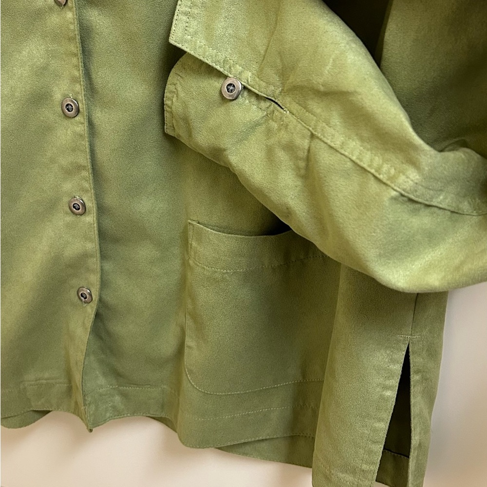 Chicos Faux Suede Long Sleeve Button Down V-Neck Sage Green Shirt Jacket - Picture 4 of 6